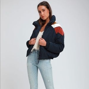 Free People Heidi Navy Blue Striped Puffer Jacket